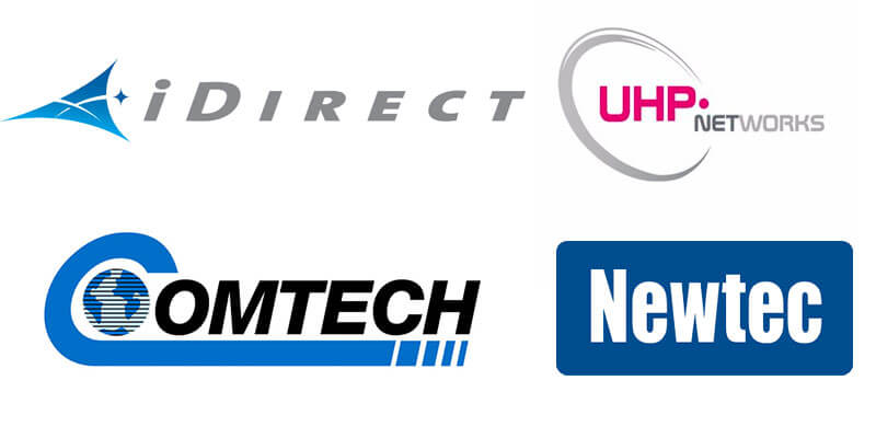 Logos of 4 of satellite communications providers: idirect, UHP, comtech and newstec